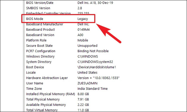 Now check the BIOS Mode section. You will see one of the Legacy or UEFI items.